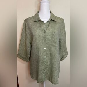 Chico’s Women 100 % Linen Olive Green Button-Up Shirt Top Blouse Sz 12/14P